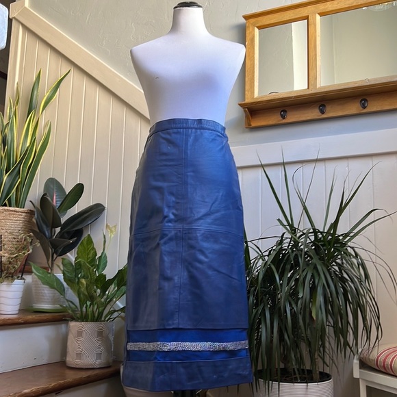 Cobalt Blue Leather Midi Skirt - Picture 1 of 16